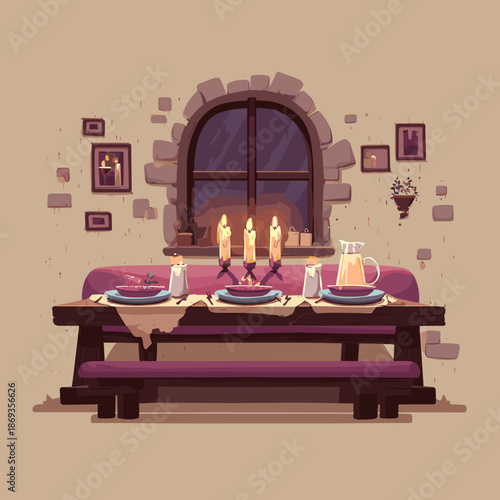 Cozy candlelight dinner table in rustic interior creating romantic evening atmosphere for couples and special occasions