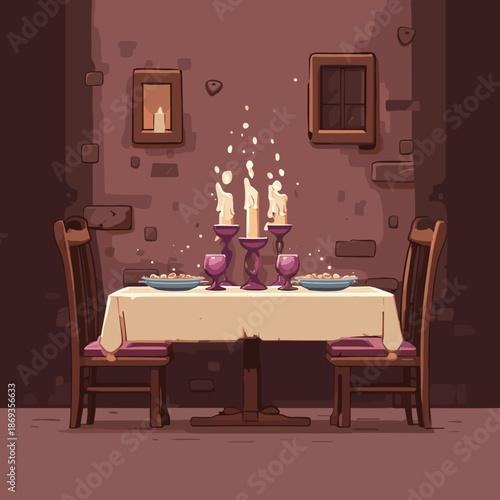 Romantic candlelit dinner table set for two in a cozy restaurant interior with candles wine glasses and warm evening atmosphere