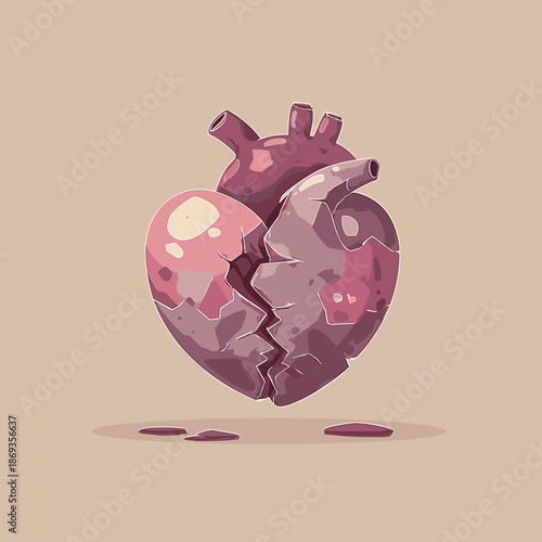 Broken heart illustration with cracked anatomy shape floating on soft beige background symbolizing emotional pain loss and heartbreak