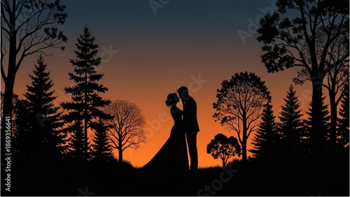 Couple embracing in a serene forest landscape at sunset