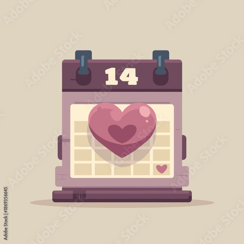 Cute valentines calendar page with heart symbol highlighting february 14 in minimal flat design