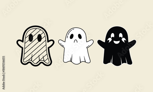 Three cute ghosts, happy, sad, and striped