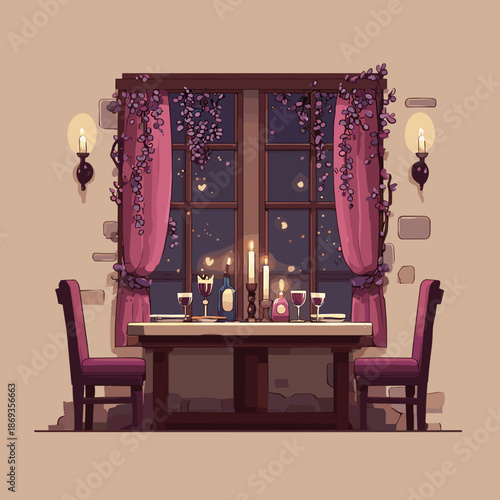 Romantic candlelight dinner by the window with wine candles and flowers creating an intimate valentines evening atmosphere