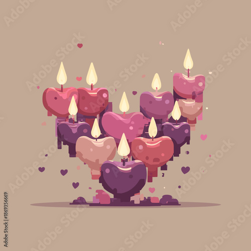 Heart shaped candles arranged in a glowing composition with warm flames, romantic illustration creating cozy atmosphere for valentines evening love and intimacy