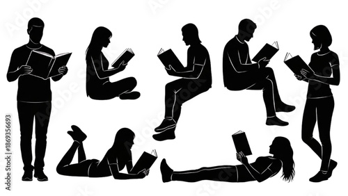 People engaging in reading activities in various relaxed positions and stances