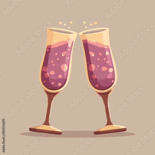 Two elegant champagne flutes touching in romantic toast with pink sparkling wine on neutral background