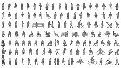 Collection of various people engaging in different activities and hobbies illustrated in a grid pattern