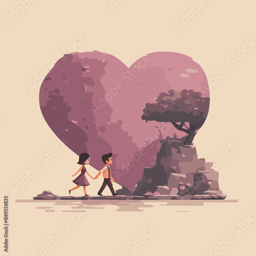 Romantic couple holding hands walking toward heart shaped landscape in dreamy flat illustration style