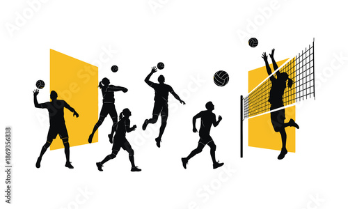 Volleyball players in action silhouettes set with motion graphics