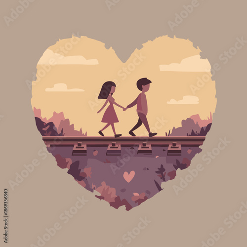 Couple holding hands walking on railway inside heart shape symbolizing love journey and togetherness