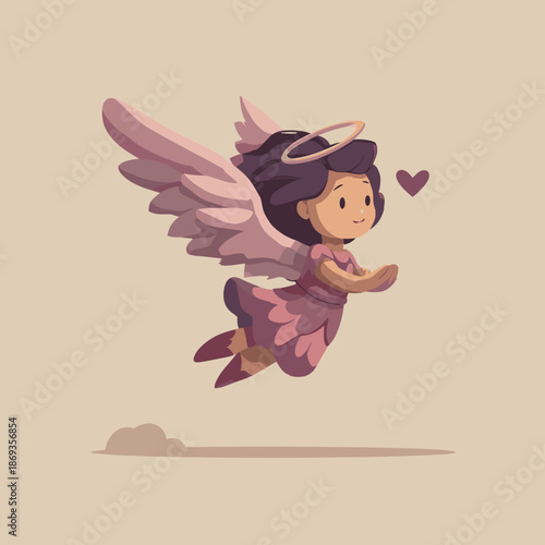 Cute cupid angel flying with wings and holding a heart in soft pastel colors romantic flat illustration