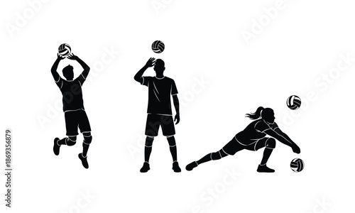 Volleyball players in action with balls black silhouettes set