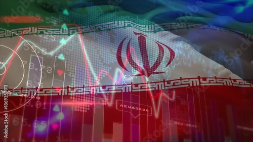 Animation of financial data processing over flag of iran