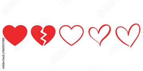 Red Heart Icons Set Including Broken and Outline Hearts – Love and Romance Symbols