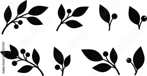 Botanical leaf branch and berries silhouette illustration, minimalist nature foliage design, floral vector elements for decorative botanical art and creative graphics