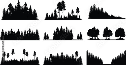 Forest tree silhouette vector set featuring pine and fir woodland landscapes for nature illustrations, outdoor scenery designs and wilderness themed projects