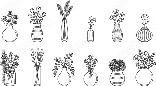 Hand-drawn floral vases collection with wildflowers and decorative plants in minimalist line art style for botanical design and home decor illustrations