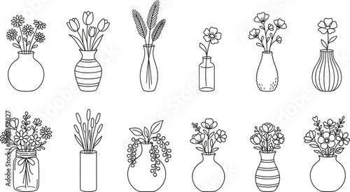 Hand drawn flower bouquets in various vases and jars, elegant botanical line art collection for home decor and floral design