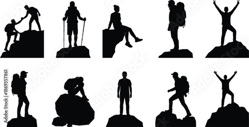 Hiker silhouette vector collection featuring mountaineering, trekking and outdoor adventure poses for travel graphics, sports design, branding and creative projects