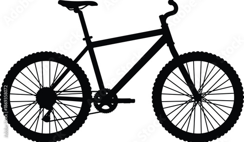 Mountain bike silhouette vector illustration featuring rugged tire wheels and sporty bicycle design for outdoor adventure graphics, travel branding and creative projects