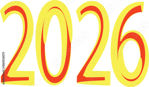 The extracted text refers to an image containing the number "2026" presented in a stylized font. The design elements include a bright yellow, red color for the numbers, which are outlined in red to en