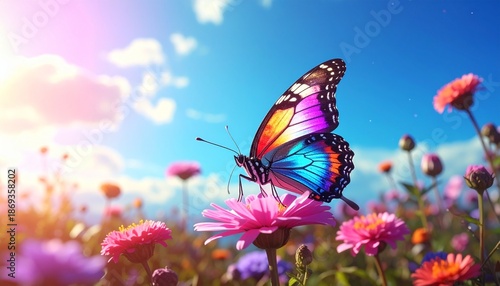 A luminous cybernetic butterfly with iridescent rainbow wings perched on a pink flower, glowing metallic body, surrounded by colorful wildflowers under a bright blue sky, fantasy sci-fi realism.