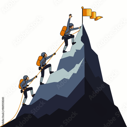 Determined team of mountaineers ascending a challenging peak, reaching for the golden flag of success, symbolizing teamwork, ambition, leadership, and overcoming obstacles.