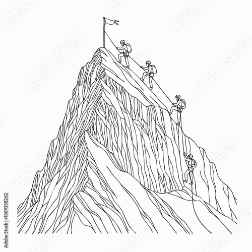 Line art illustration of a team of mountain climbers ascending a rugged peak, symbolizing challenge, teamwork, ambition, and the journey to achieve success.