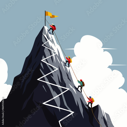 Ambitious team of climbers ascending a steep mountain peak towards a flag, symbolizing perseverance, teamwork, and the journey to achieve success and challenging goals.