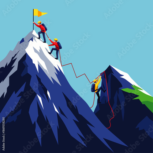 Team of climbers ascending a snowy mountain peak towards a yellow flag, symbolizing business success, teamwork, and overcoming challenges. Flat design illustration.