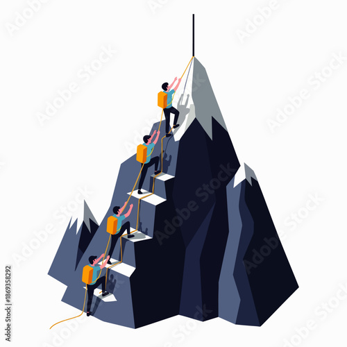 Team of ambitious business people climbing a challenging mountain peak, symbolizing career growth, leadership, success, and overcoming obstacles to achieve goals and ambition in a corporate journey.