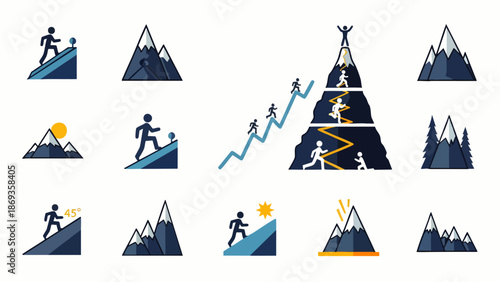Flat icons: people climbing mountains, symbolizing success, personal growth, goal achievement, and overcoming challenges. Concepts of ambition, progress, and motivation.