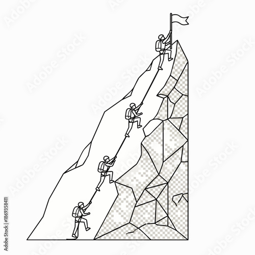 Team of climbers ascending a rugged mountain peak, demonstrating teamwork, perseverance, and the pursuit of a common goal, reaching for success and achievement.