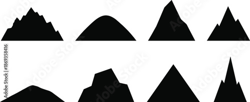 Mountain silhouette vector collection featuring minimalist peaks and nature terrain elements for travel graphics, branding, clipart and creative design applications