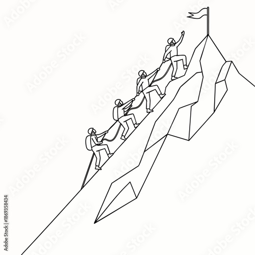 Team of business people climbing a mountain together, reaching for success and achieving goals. Concept of teamwork, leadership, and overcoming challenges in business.