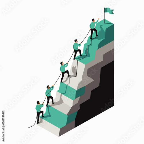 Business team climbing a stylized mountain towards a flag, representing ambition, success, teamwork, and the journey to achieve a common goal and progress.