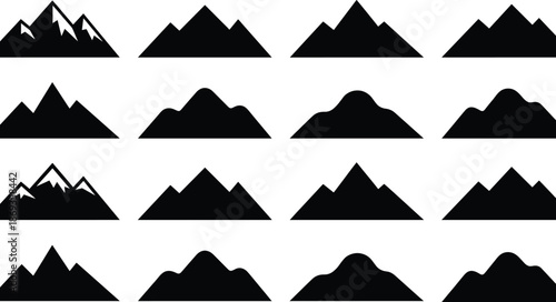 Mountain silhouette vector set featuring outdoor alpine peaks and scenic nature landscapes for travel graphics, branding, clipart and creative design projects