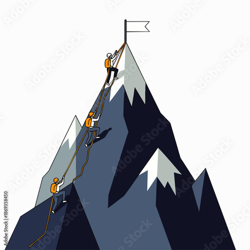 Ambitious climbers ascending a treacherous mountain, demonstrating teamwork, perseverance, and the pursuit of a challenging goal towards ultimate success.