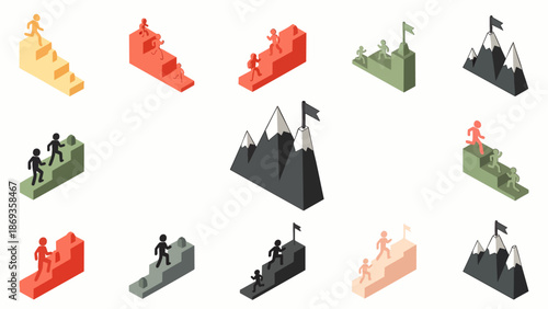 Isometric illustrations of people climbing stairs, hills, and mountains to reach goals, symbolizing business success, career development, personal growth, and overcoming challenges.