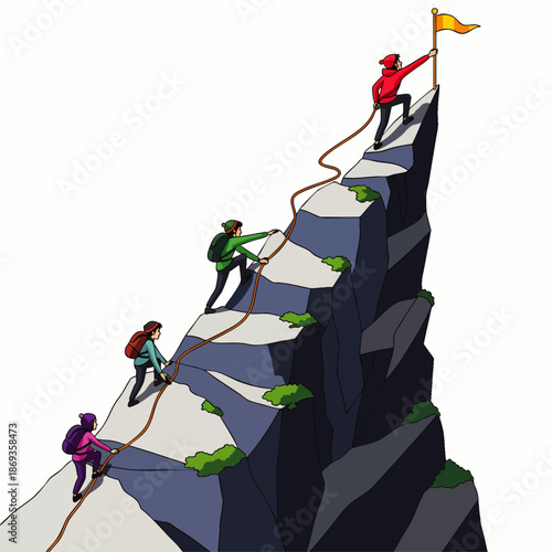 Team of climbers ascending a challenging mountain peak, demonstrating teamwork, leadership, and the pursuit of success and achievement towards a common goal.