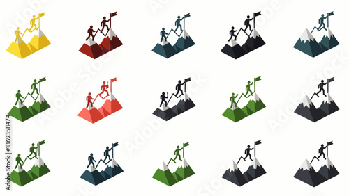 Collection of isometric illustrations showing individuals and teams ascending mountains to plant a flag, symbolizing business success, leadership, challenge, and achievement.