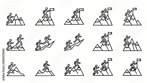 Set of line icons depicting individuals and teams climbing mountains to reach a flag, symbolizing success, challenge, progress, ambition, and goal achievement.