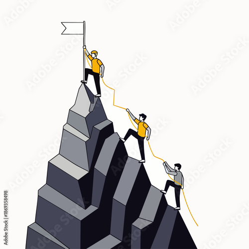 Isometric illustration of a determined team climbing a challenging mountain to plant a flag, symbolizing business success, ambition, and achieving goals together.