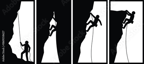 Rock climbing silhouette vector set showing climbers scaling cliffs with ropes for outdoor adventure graphics, extreme sports design and travel projects