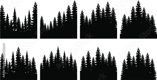 Pine forest silhouette vector set featuring evergreen trees and woodland scenery for nature graphics, outdoor design, travel branding and creative projects