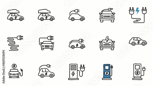 Electric vehicle charging station icons set. EV car charger, eco-friendly transport, sustainable energy technology, green future concept.