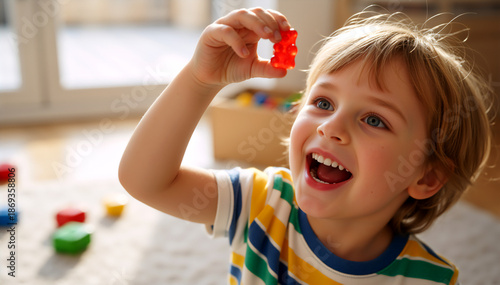 Joyful young boy holding a red gummy bear candy. Happy child with a beaming smile looking at a sweet treat in a sunlit playroom. Childhood joy and snacking concept