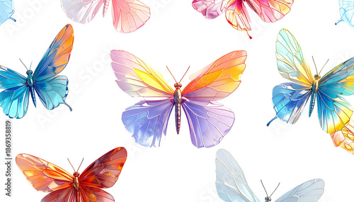 Seamless pattern of colorful, stylized butterflies against a stark black background