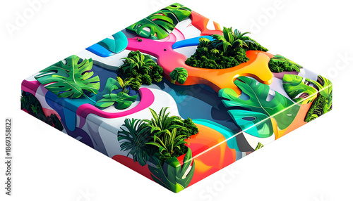 Isometric view of a vibrant square with abstract shapes and foliage