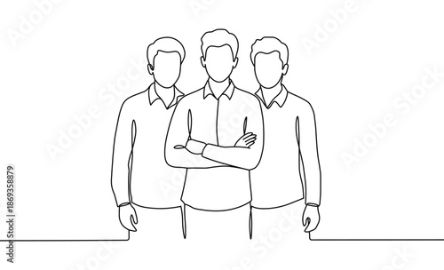 Three men standing continuous line art drawing minimalist faceless teamwork collaboration concept